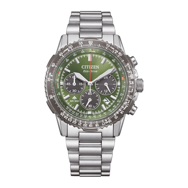 Montre Citizen Promaster Sky Chronographe Navihawk Eco-Drive cadran vert bracelet acier 40 mm