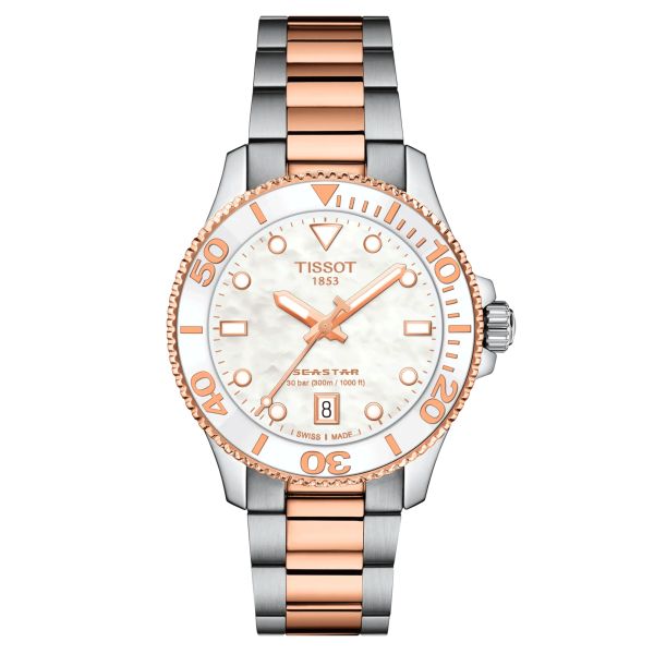 Montre Tissot T-Sport Seastar 1000 PVD Or Rose quartz cadran nacre blanche bracelet acier pvd or rose 36 mm T120.210.22.111.00