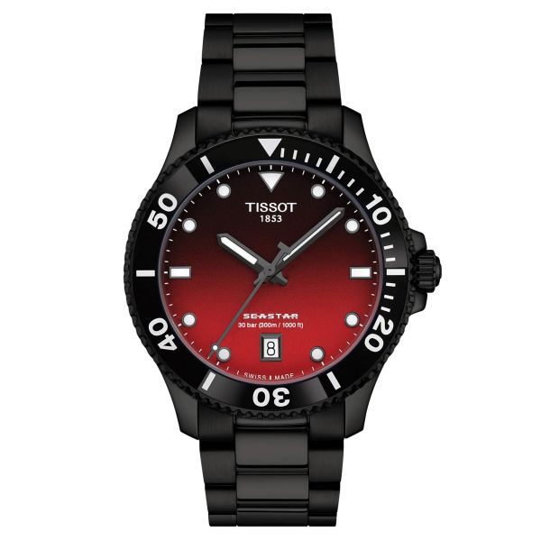 Tissot Seastar 1000 Black PVD quartz watch gradient red dial black pvd steel bracelet 40 mm T120.410.33.421.00