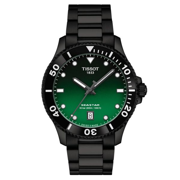 Tissot Seastar 1000 Black PVD quartz watch gradient green dial black pvd steel bracelet 40 mm T120.410.33.091.00